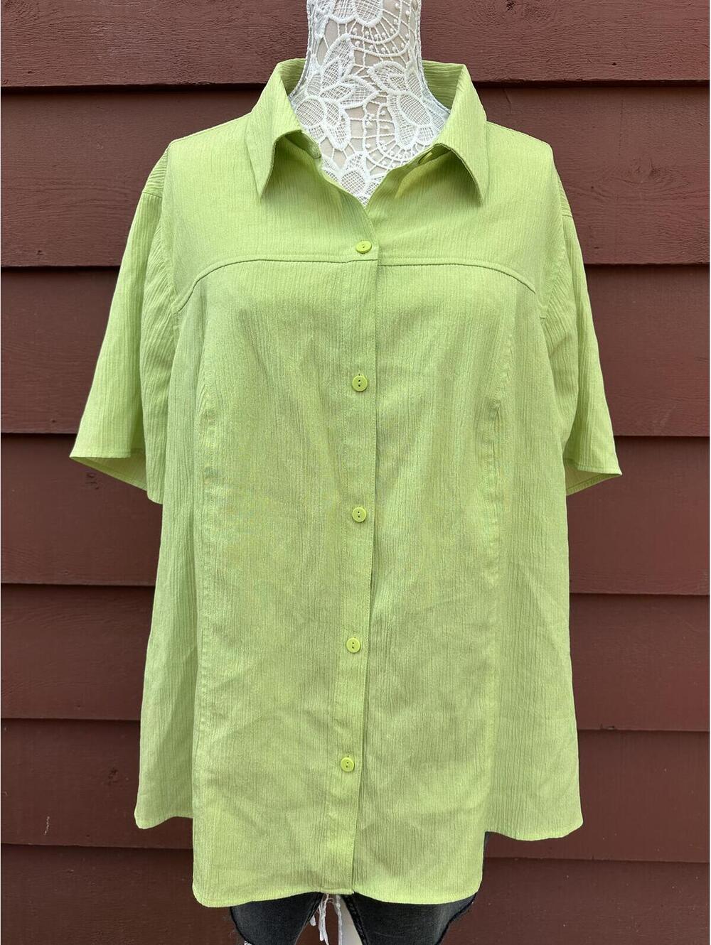 CJ Banks Lime Green Button Up Shirt Casual Lightweight Short Sleeve Summer